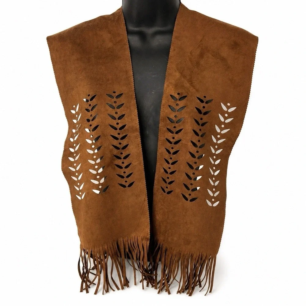 Boho Faux Suede Fringe Wrap Scarf Tie Brown Laser Cut Western Hippie Festival
